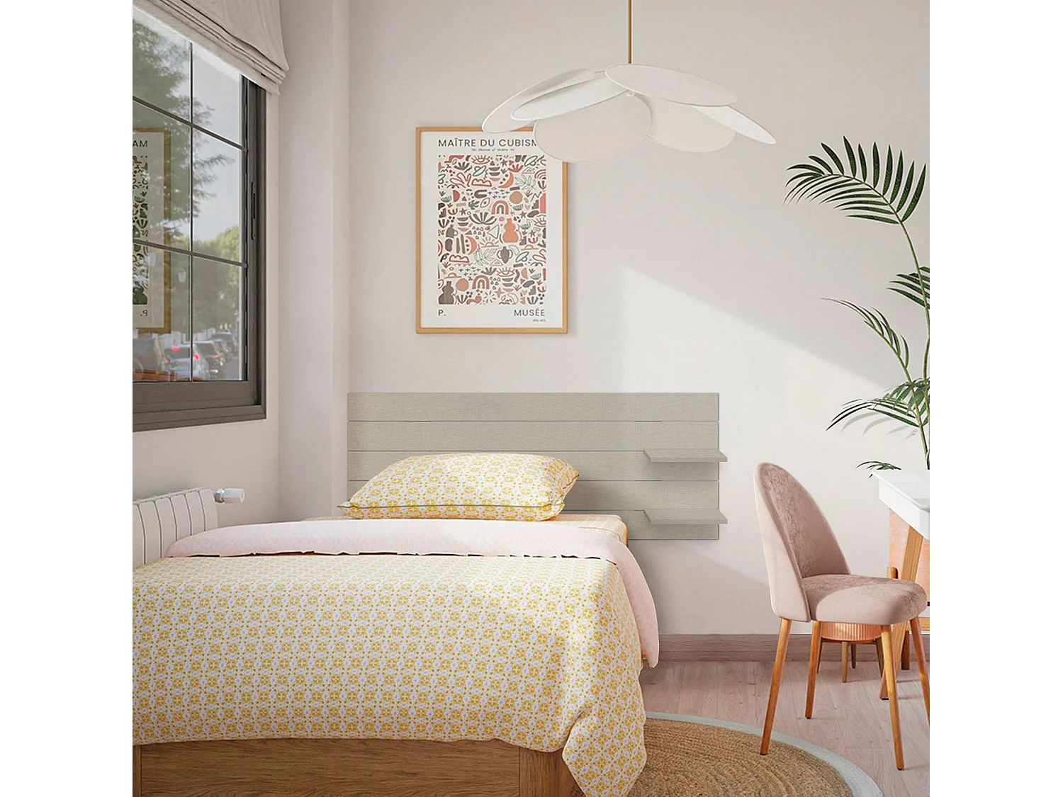 DHOME Tête de lit avec étagères en bois recyclé DM à suspendre au mur style palette japonaise avec pieds de lit nordique vintage (finition lin 145 cm)