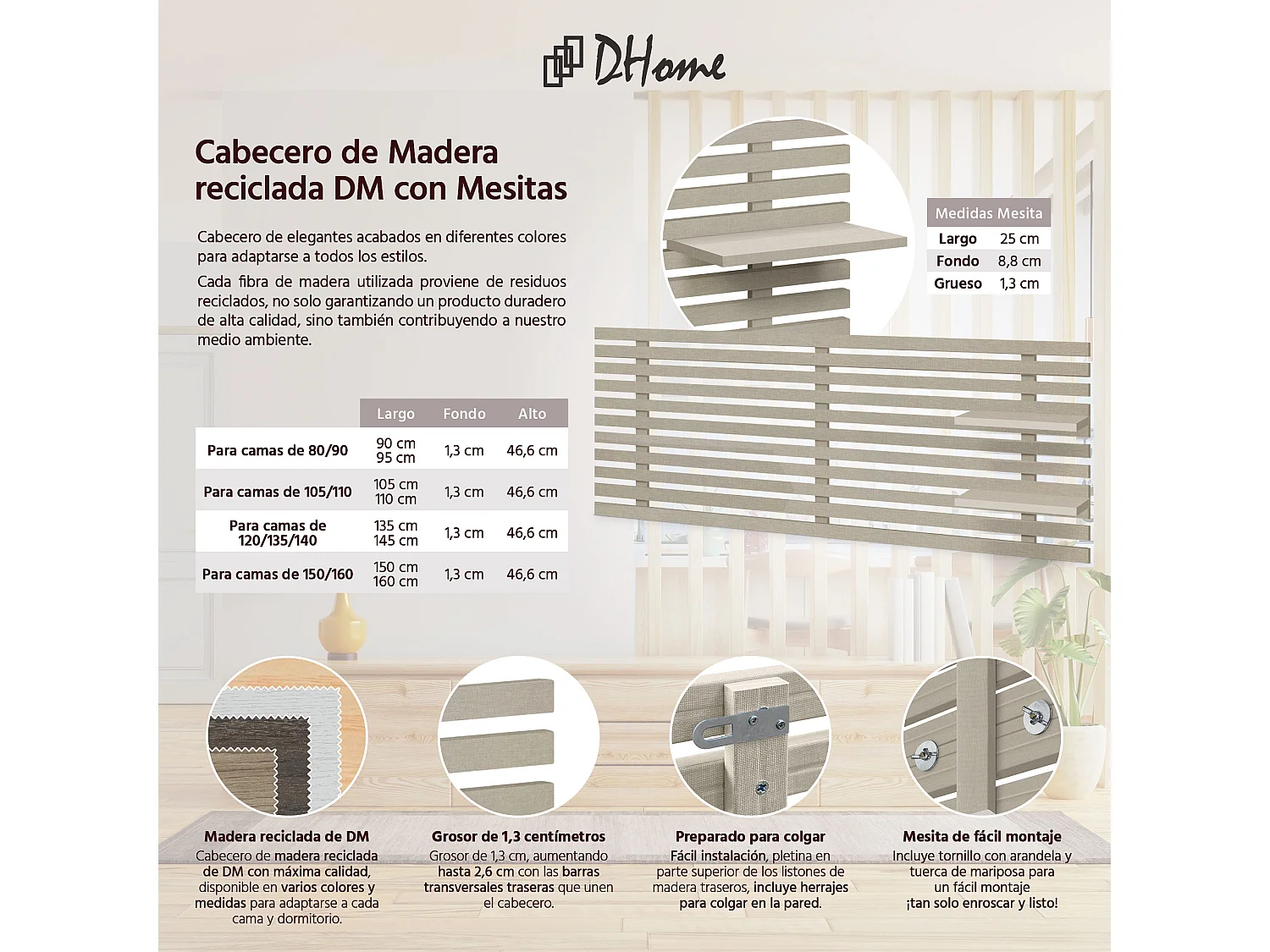 DHOME Testiera con ripiani in legno riciclato DM sospeso a parete in stile nordico giapponese con pallet (finitura in lino 135 cm)