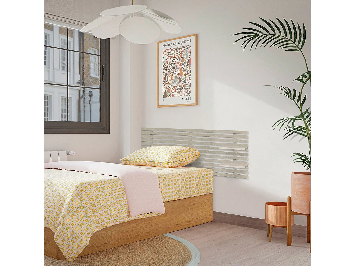 DHOME Testiera con ripiani in legno riciclato DM sospeso a parete in stile nordico giapponese con pallet (finitura in lino 135 cm)