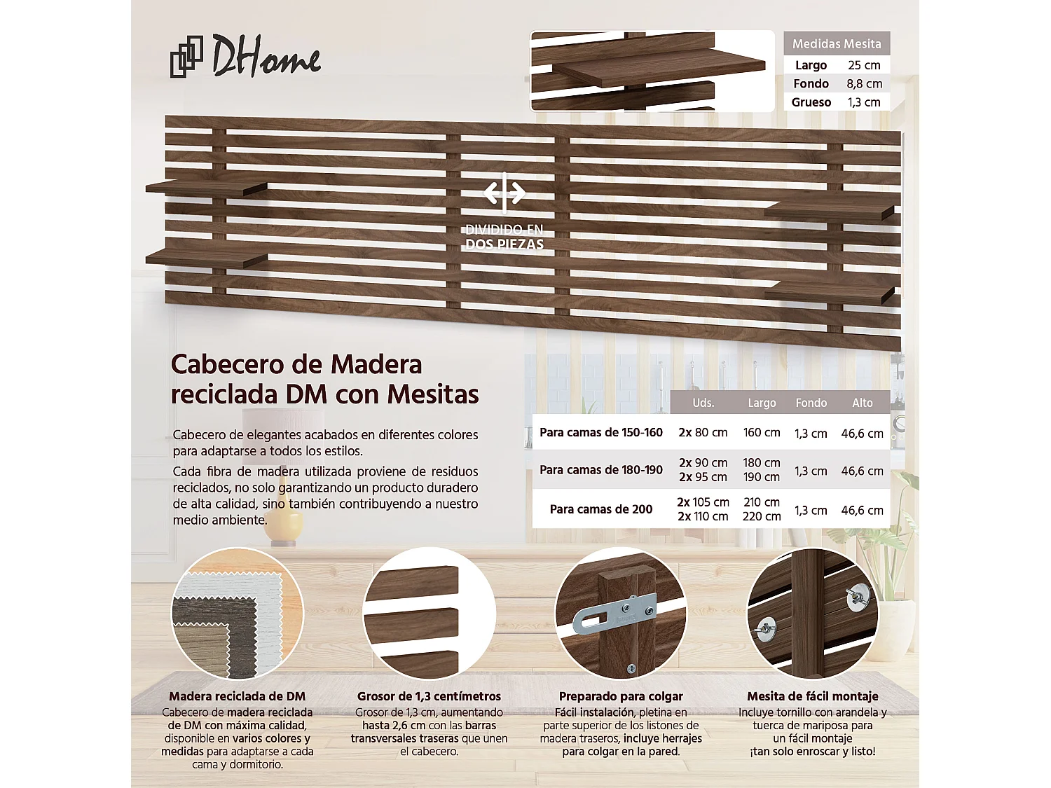 DHOME Tête de lit avec étagères en bois recyclé DM Tenture murale Style palette japonaise Lit nordique vintage (bois de noyer 290 cm)