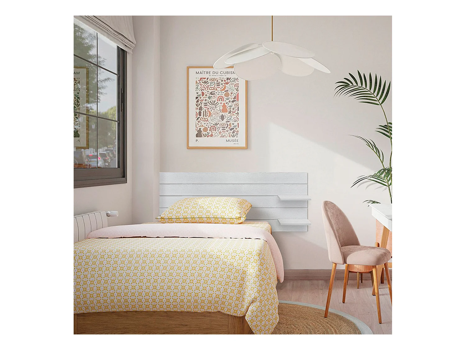DHOME Testiera con ripiani in legno riciclato DM sospeso a parete in stile pallet orizzontale con gambe Letto vintage nordico (legno bianco 135 cm)