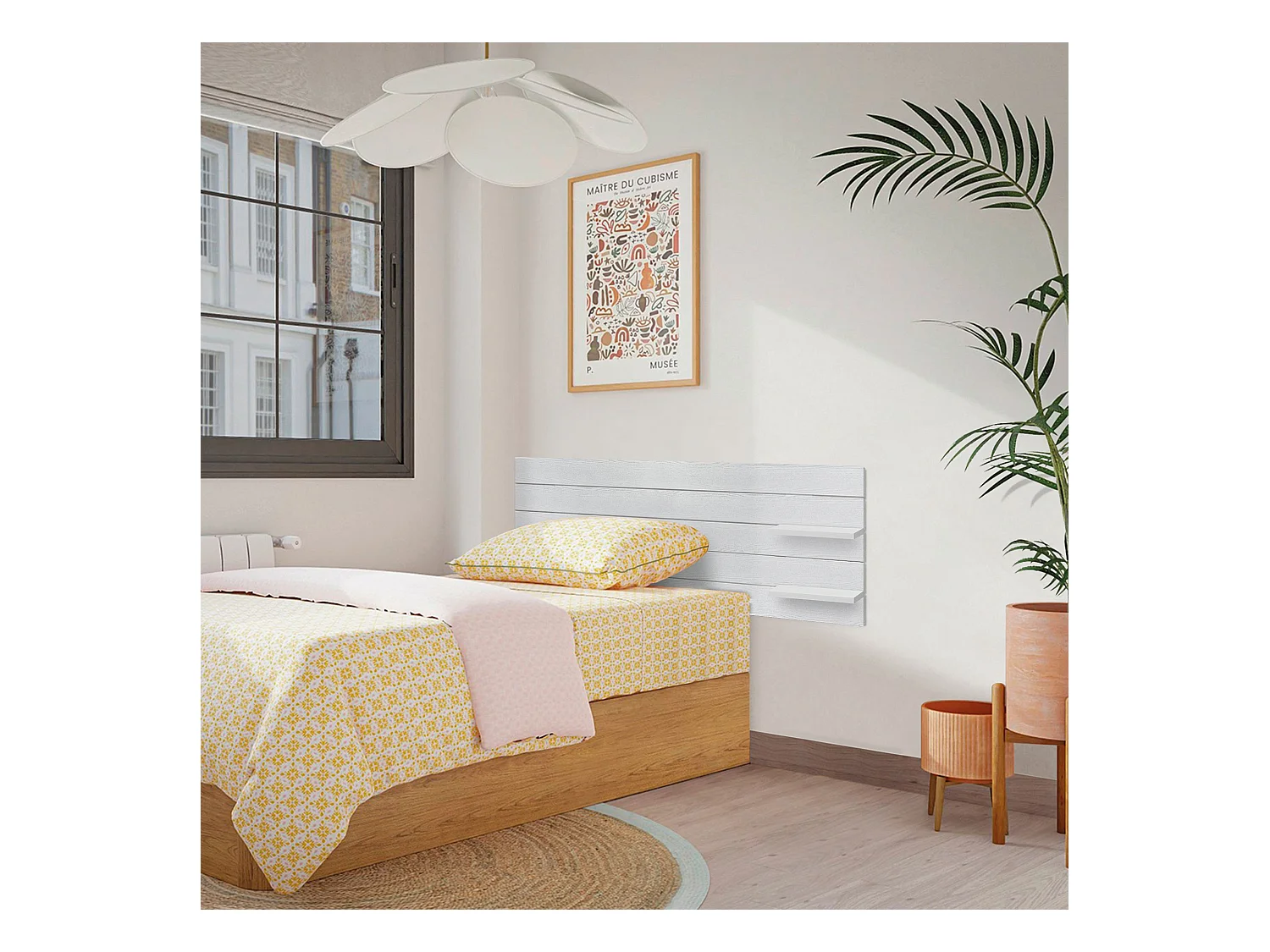 DHOME Testiera con ripiani in legno riciclato DM sospeso a parete in stile pallet orizzontale con gambe Letto vintage nordico (legno bianco 135 cm)