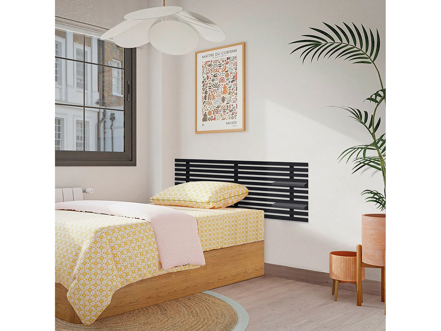 DHOME Hoofdeinde met gerecyclede houten planken DM muurhangend Japans palletstijl Scandinavisch vintage bed (135 cm effen zwart)