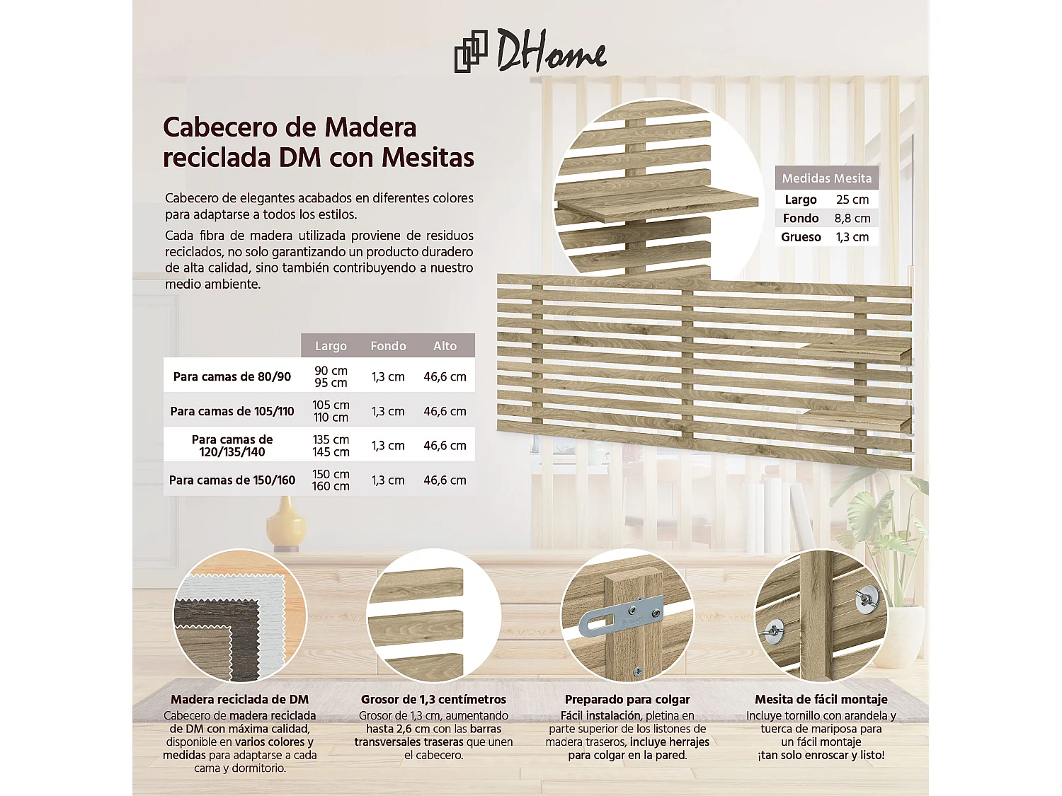 DHOME Tête de lit avec étagères en bois recyclé DM Tenture murale Style palette japonaise Lit nordique vintage (bois cambrien 135 cm)