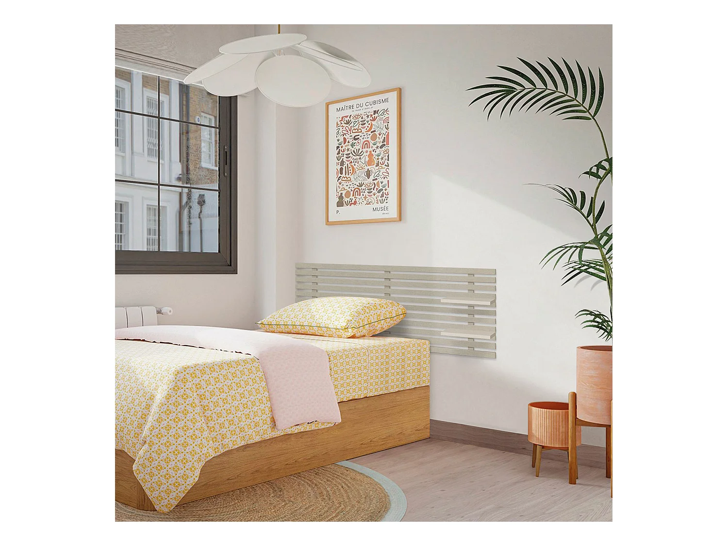 DHOME Hoofdeinde met gerecyclede houten planken DM muurhangend Japans palletstijl Scandinavisch vintage bed (145 cm linnen afwerking)
