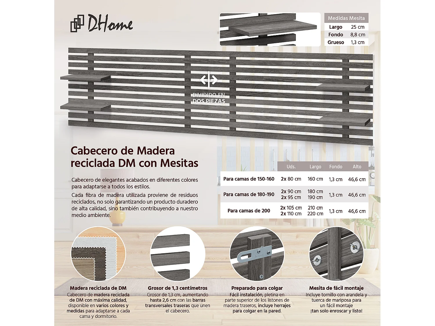 DHOME Tête de lit avec étagères en bois recyclé DM Tenture murale Style palette japonaise Lit nordique vintage (bois de frêne 290 cm)