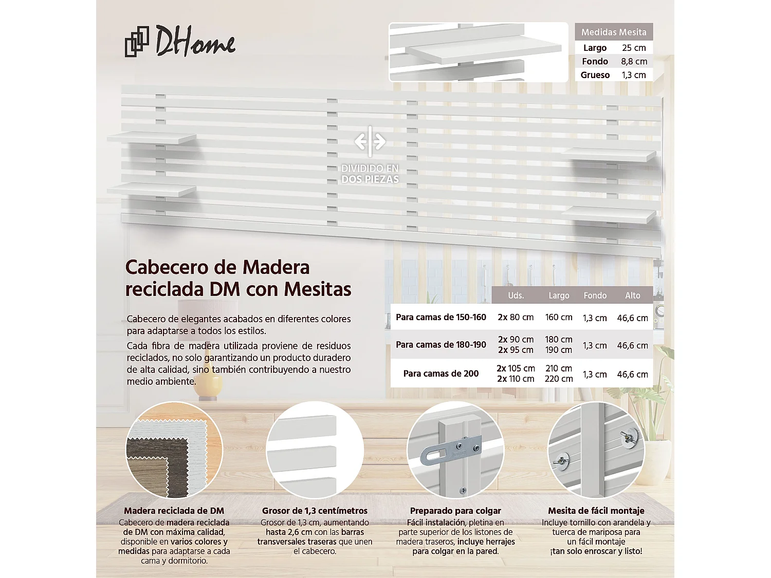 DHOME Tête de lit avec étagères en bois recyclé DM Tenture murale Style palette japonaise Lit nordique vintage (290 cm Blanc massif)