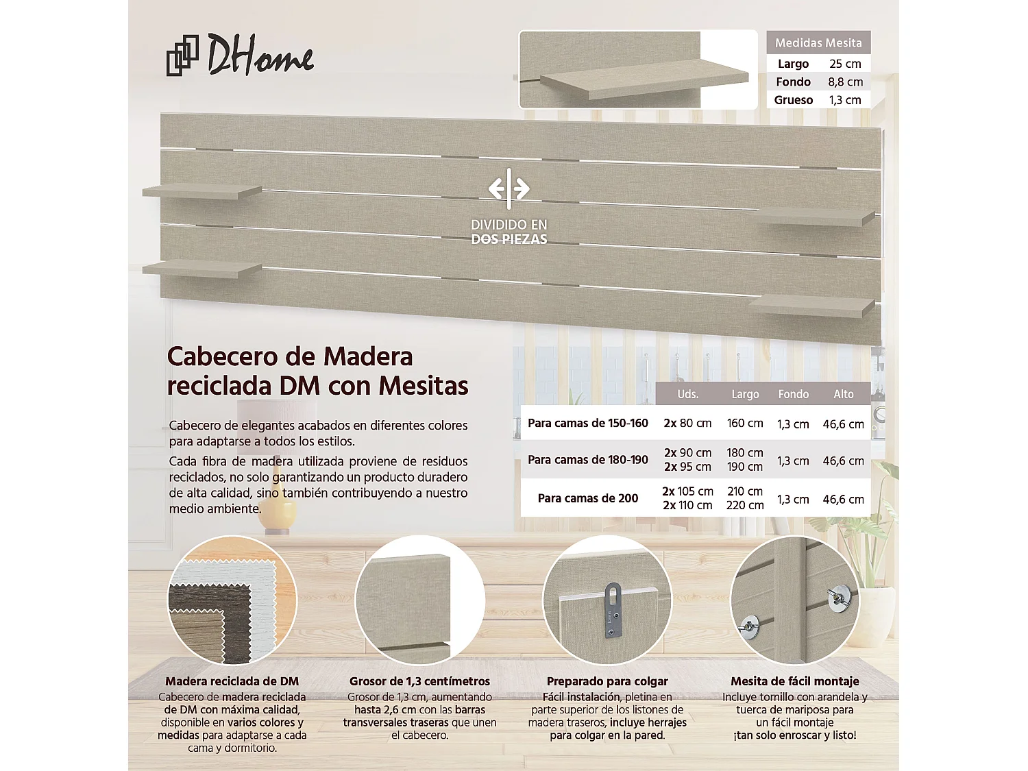 DHOME Tête de lit avec étagères en bois recyclé DM à suspendre au mur style palette horizontale avec pieds lit vintage nordique (finition lin 290 cm)