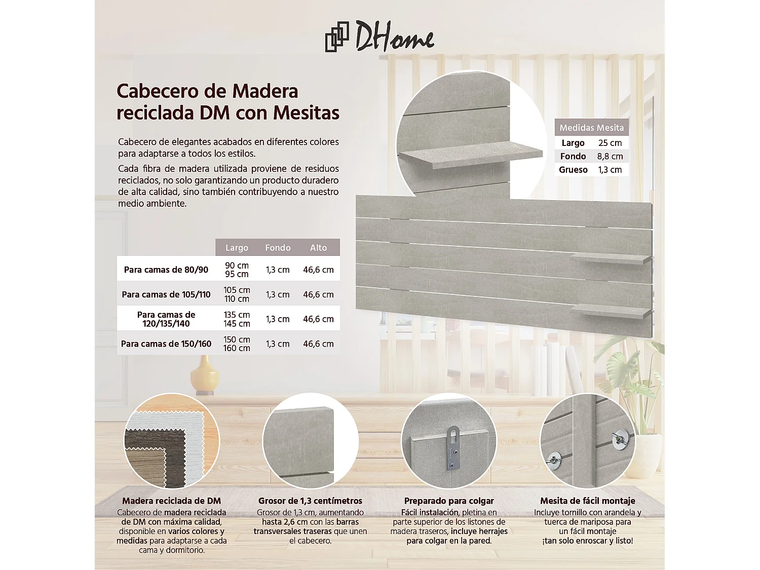 DHOME Tête de lit avec étagères en bois recyclé DM à suspendre au mur style palette japonaise avec pieds de lit nordique vintage (gris tribal 160 cm)