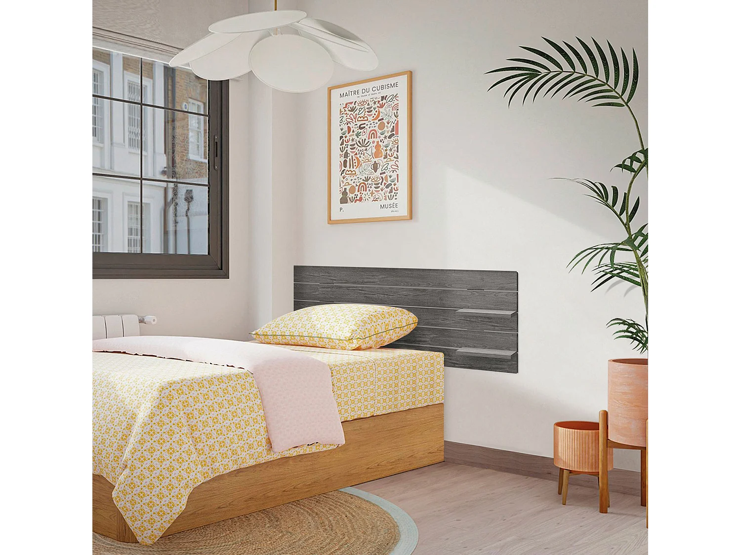 DHOME Hoofdbord met planken van gerecycled hout DM muurhangend Japanse palletstijl met Scandinavische vintage bedpoten (160 cm essenhout)