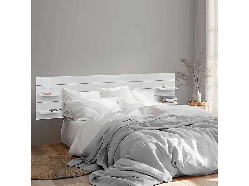 DHOME Kopfteil mit Regalen aus recyceltem Holz, DM-Wandbehang, horizontaler Palettenstil mit Beinen, nordisches Vintage-Bett (270 cm, weißes Holz)
