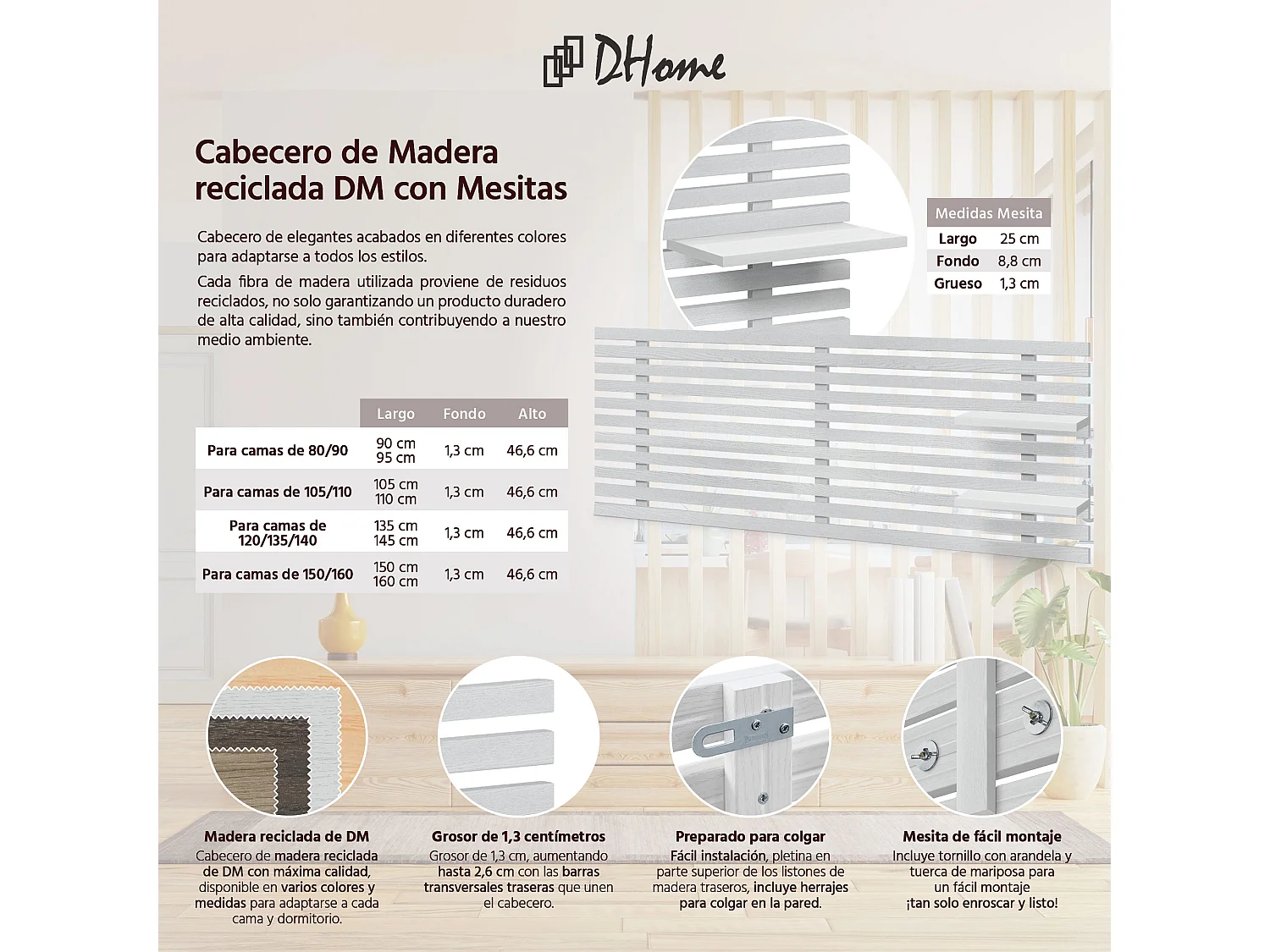 DHOME Testiera con ripiani in legno riciclato DM sospeso a parete in stile nordico giapponese con pallet (legno bianco 160 cm)