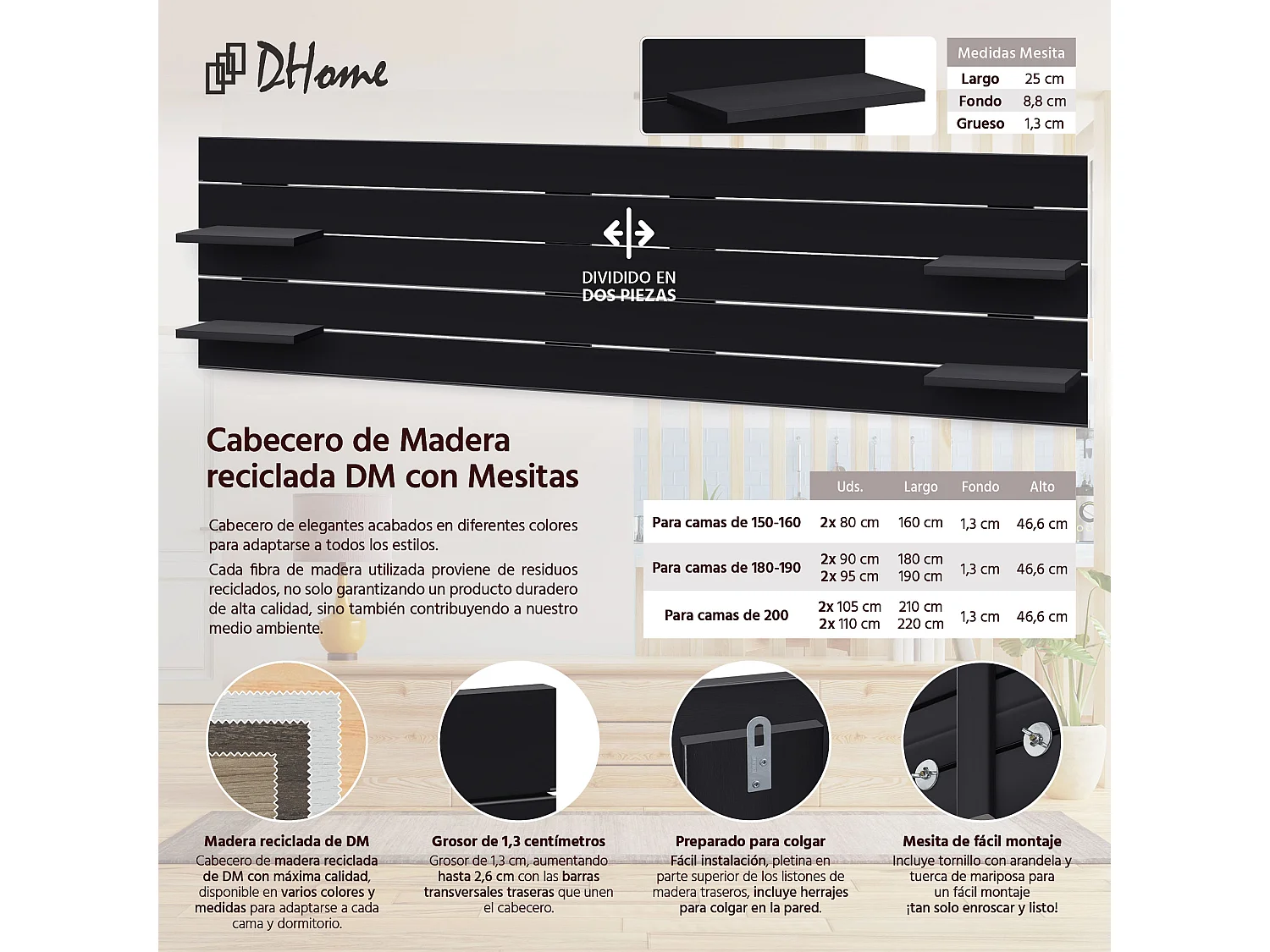 DHOME Tête de lit avec étagères en bois recyclé DM à suspendre au mur style palette horizontale avec pieds lit vintage nordique (210 cm noir massif)