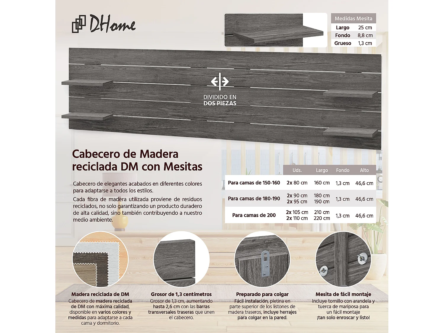 DHOME Tête de lit avec étagères en bois recyclé DM à suspendre au mur style palette horizontale avec pieds lit nordique vintage (bois de frêne 210 cm)