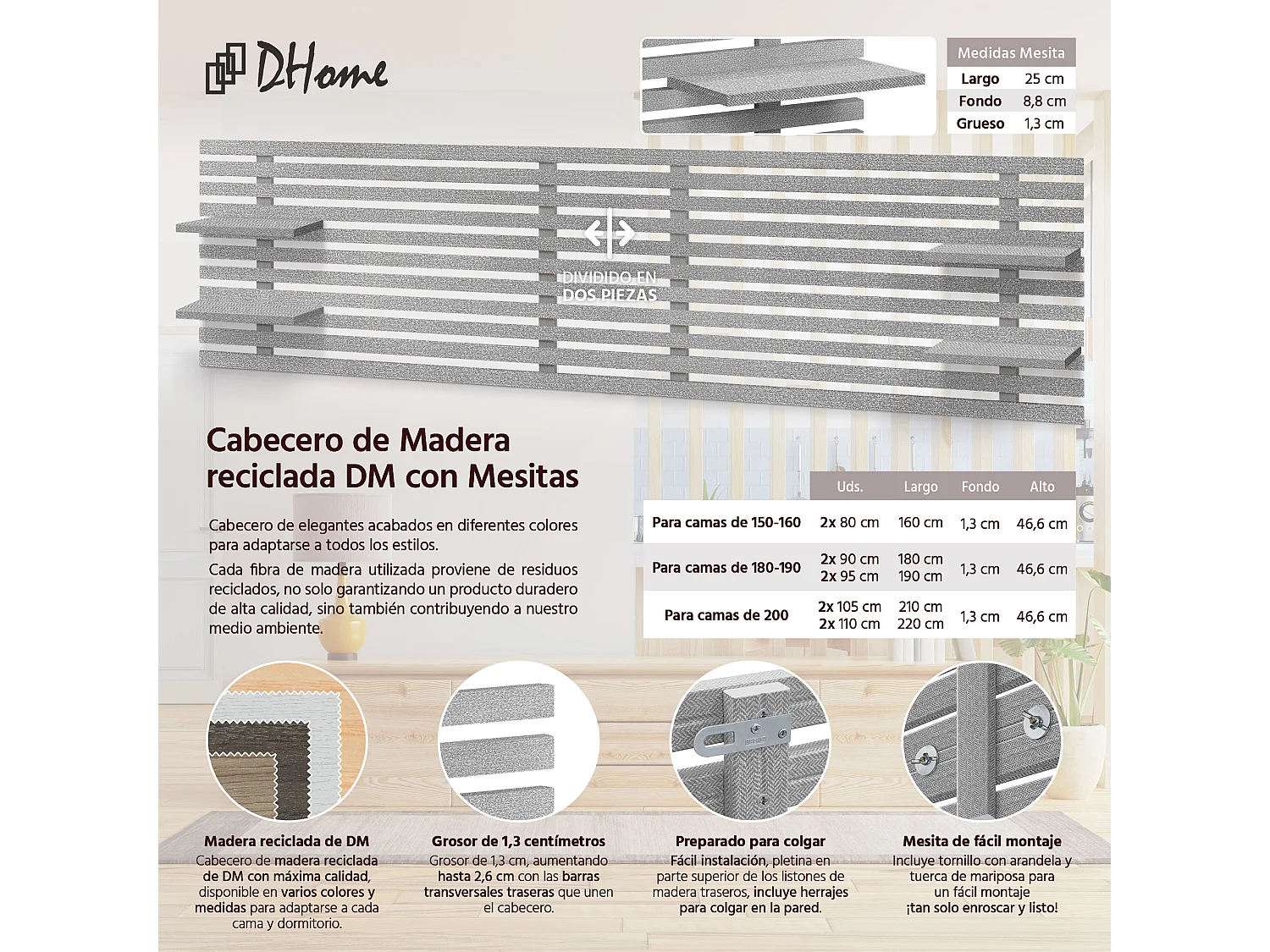 Tête de lit DHOME avec étagères en bois recyclé DM Tenture murale Style palette japonaise Lit nordique vintage (220 cm Pointes grises)