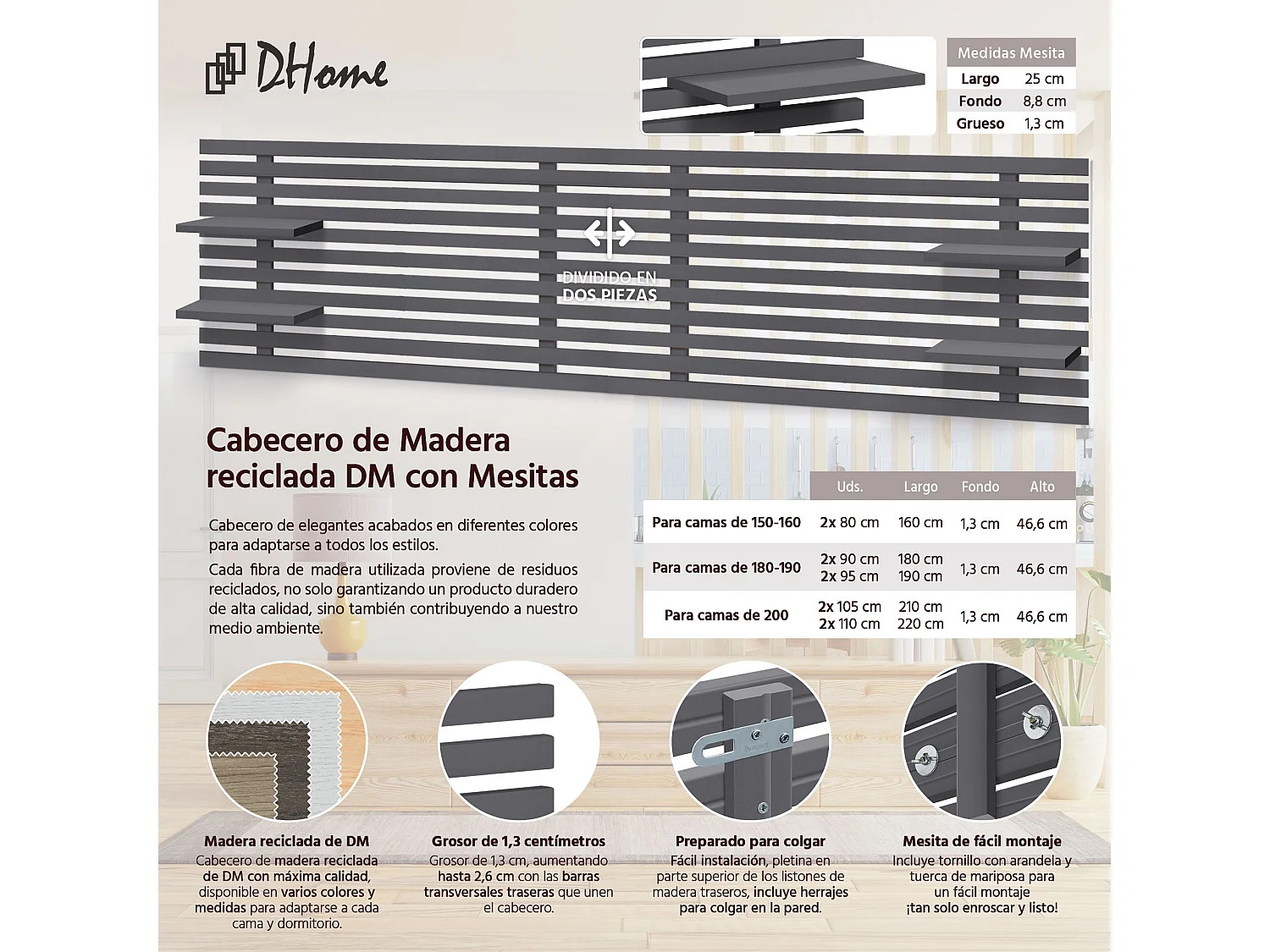 DHOME Tête de lit avec étagères en bois recyclé DM Tenture murale Style palette japonaise Lit nordique vintage (220 cm Gris massif)