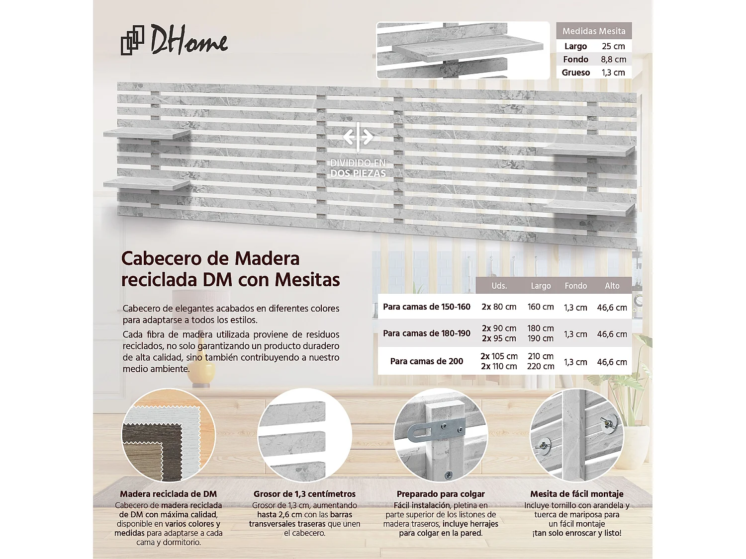 DHOME Kopfteil mit Regalen aus recyceltem Holz, DM-Wandbehang, japanischer Paletten-Stil, nordisches Vintage-Bett (290 cm, Marmor-Finish)