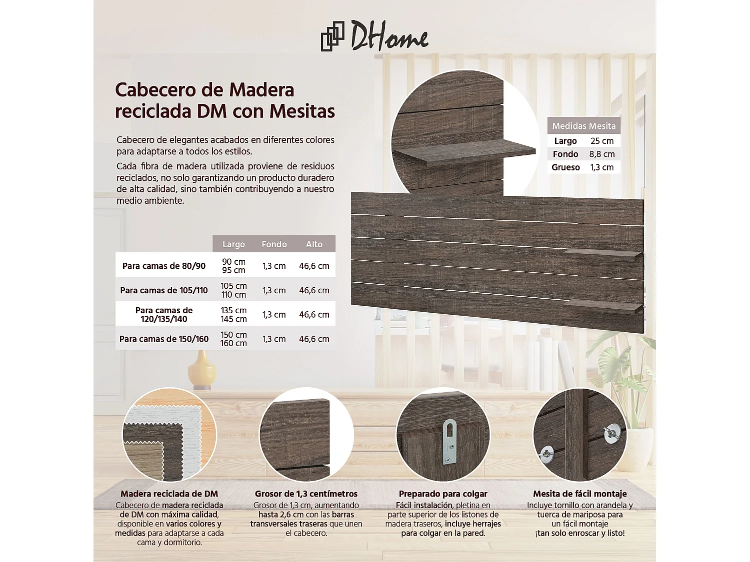 DHOME Tête de lit avec étagères en bois recyclé DM à suspendre au mur style palette horizontale avec pieds lit nordique vintage (chêne d'Amazonie 160 cm)