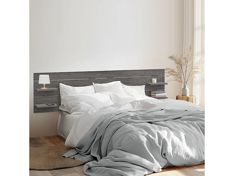 DHOME Tête de lit avec étagères en bois recyclé DM à suspendre au mur style palette horizontale avec pieds lit nordique vintage (bois de frêne 270 cm)