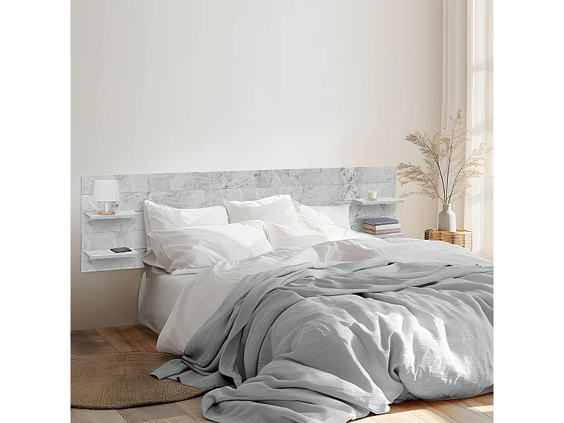 DHOME Hoofdbord met planken van gerecycled hout DM horizontale palletstijl muurophanging met Scandinavische vintage bedpoten (210 cm marmeren afwerking)