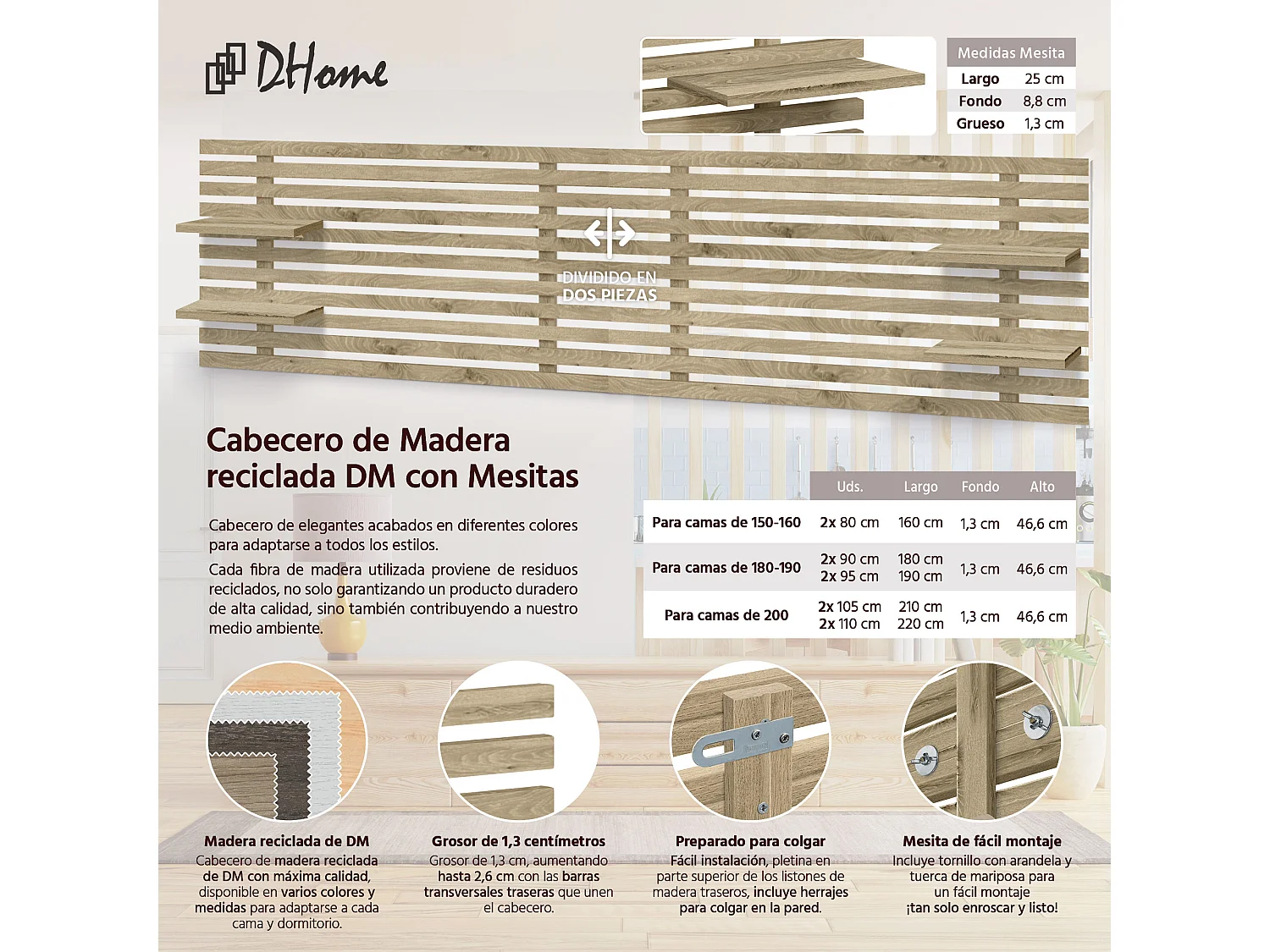 DHOME Tête de lit avec étagères en bois recyclé DM Tenture murale Style palette japonaise Lit nordique vintage (bois cambrien 290 cm)