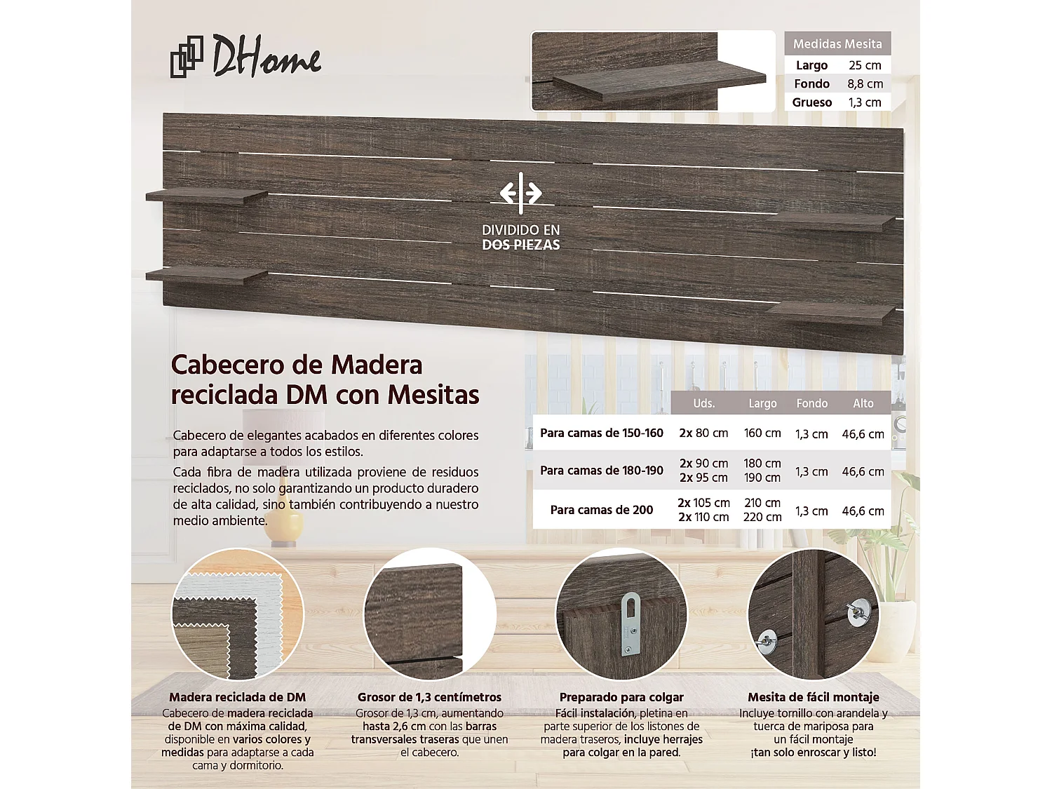 DHOME Tête de lit avec étagères en bois recyclé DM à suspendre au mur style palette japonaise avec pieds de lit nordique vintage (chêne d'Amazonie 220 cm)