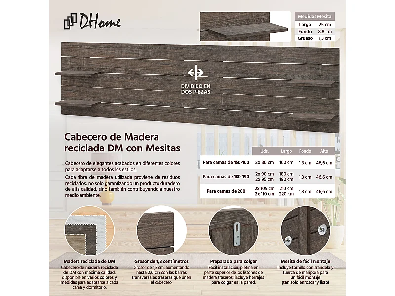 DHOME Hoofdbord met planken van gerecycled hout DM Muurhangend Japanse palletstijl met Scandinavische vintage bedpoten (220cm Amazon Oak)