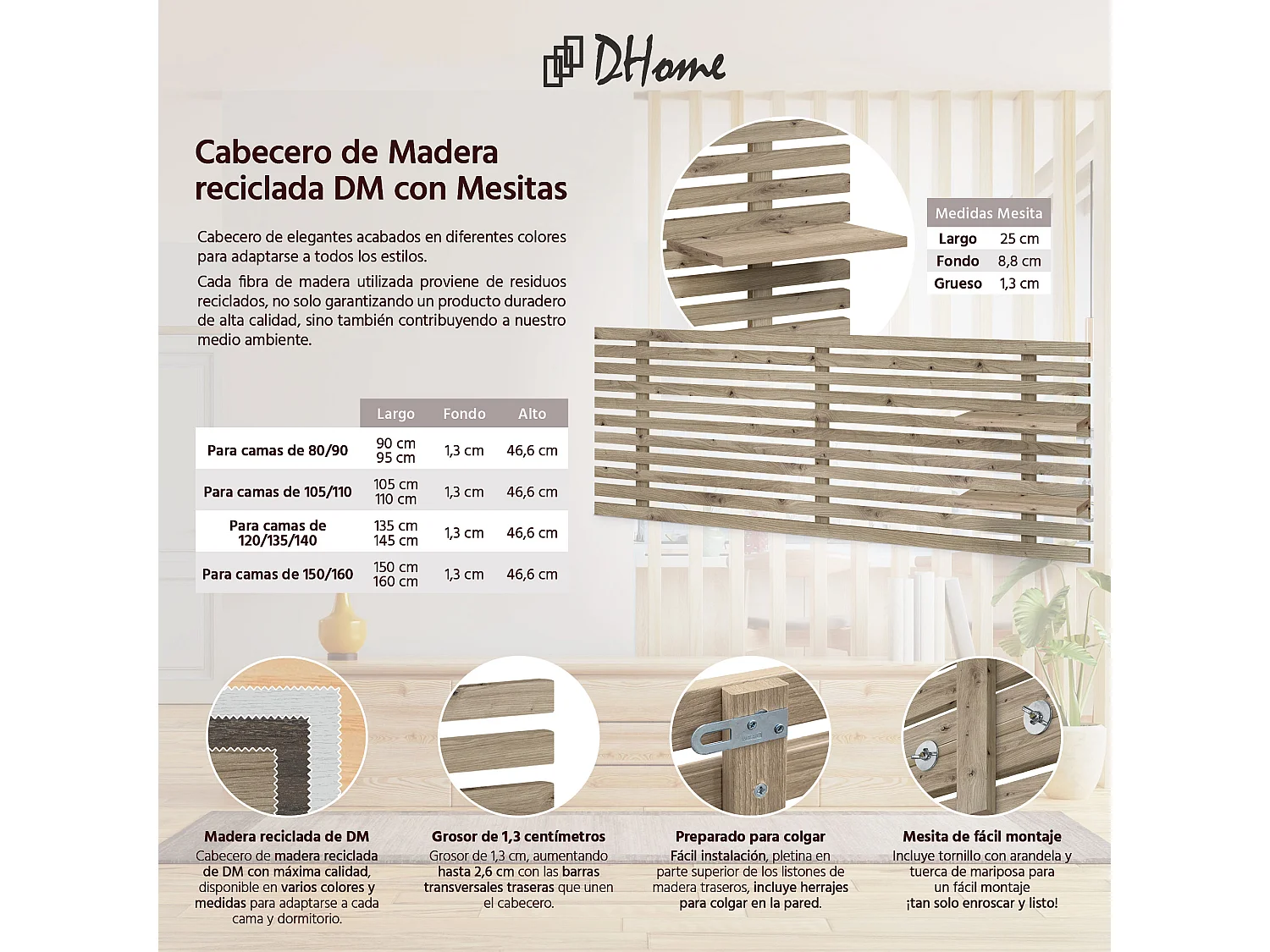 DHOME Testiera con ripiani in legno riciclato DM Letto sospeso a parete in stile nordico giapponese con pallet (rovere 160 cm)