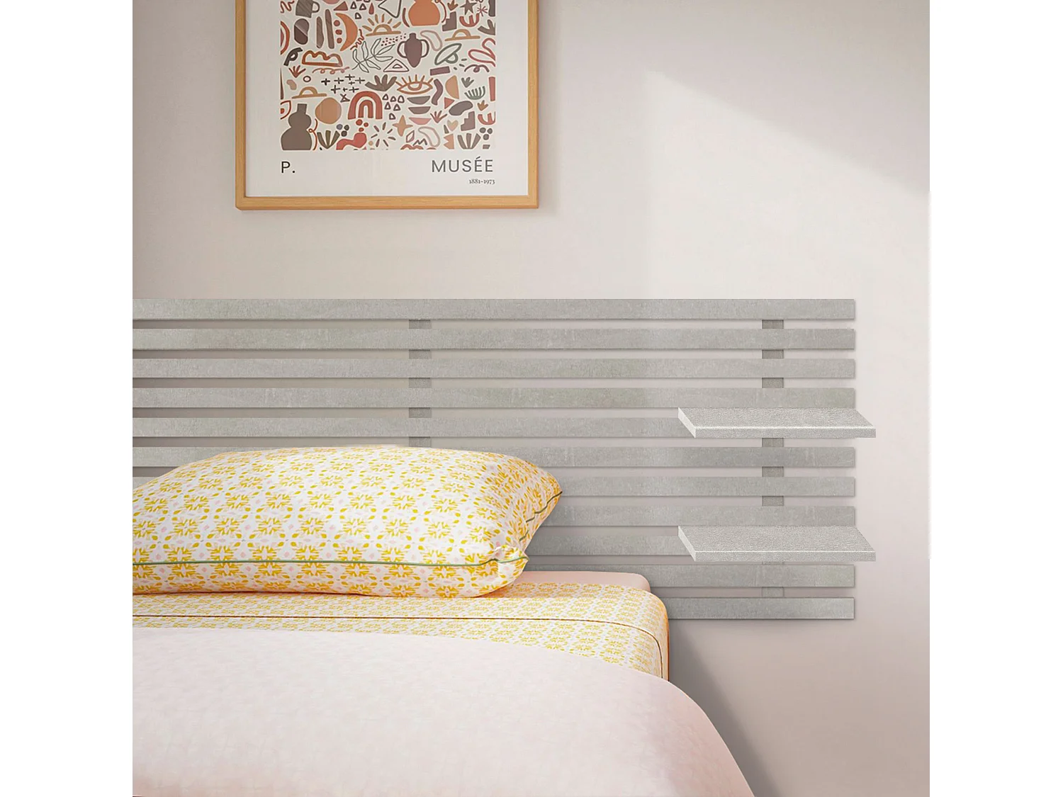 DHOME Kopfteil mit Regalen aus recyceltem Holz, DM-Wandbehang, japanischer Paletten-Stil, nordisches Vintage-Bett (160 cm, Tribal-Grau)