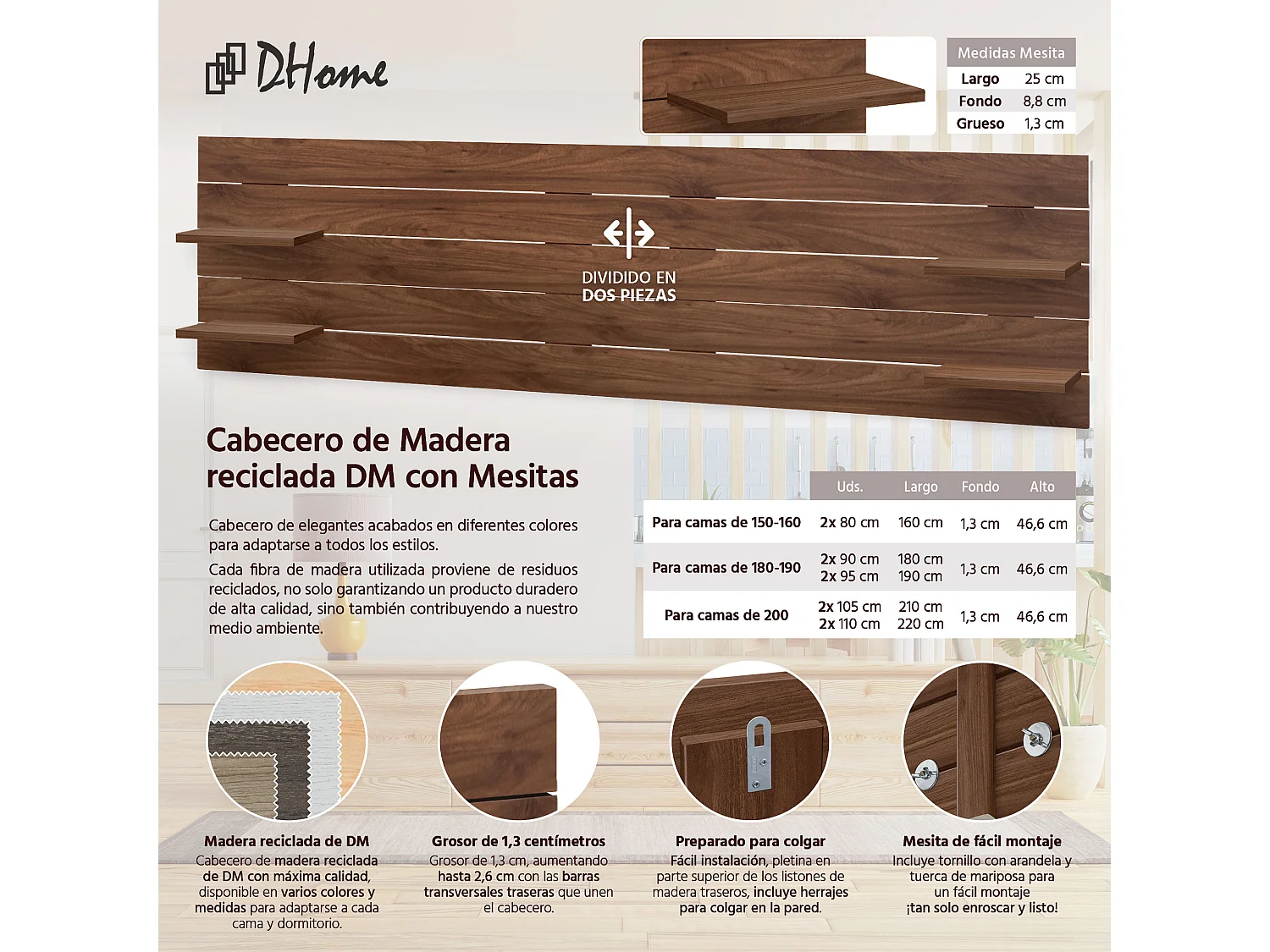 DHOME Tête de lit avec étagères en bois recyclé DM à suspendre au mur style palette horizontale avec pieds lit vintage nordique (bois de noyer 270 cm)