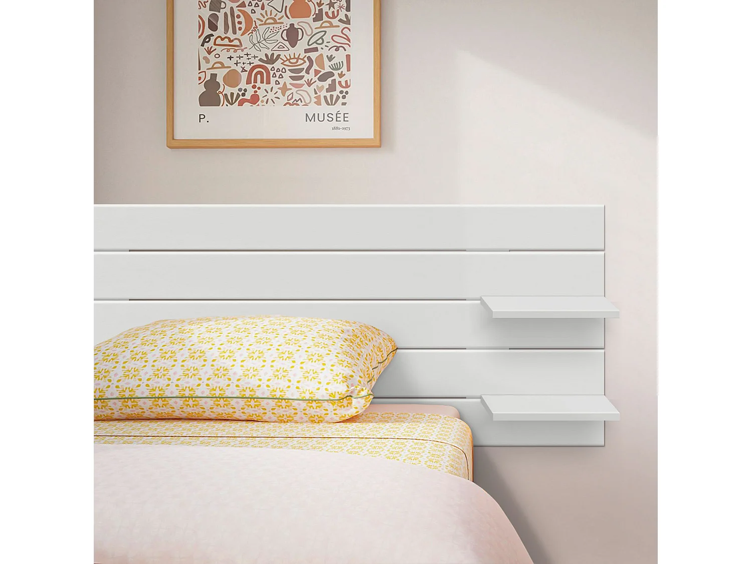 DHOME Tête de lit avec étagères en bois recyclé DM à suspendre au mur style palette japonaise avec pieds de lit nordique vintage (135 cm blanc massif)