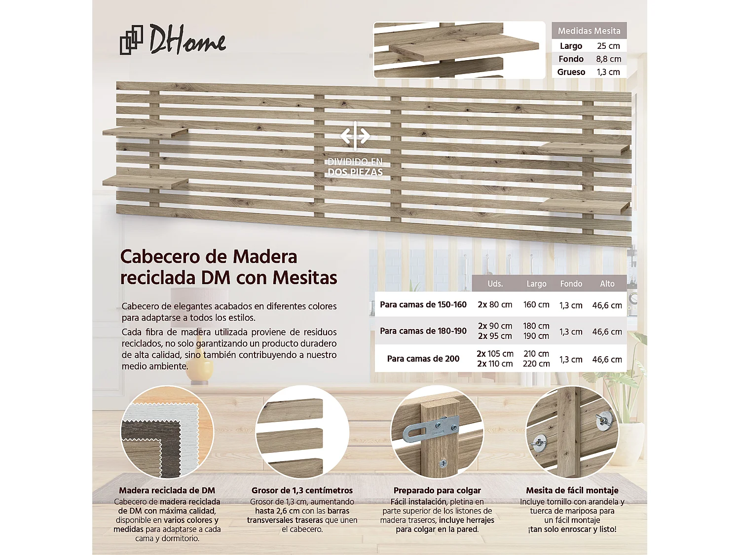 Tête de lit DHOME avec étagères en bois recyclé DM Tenture murale Style palette japonaise Lit nordique vintage (290 cm Chêne)