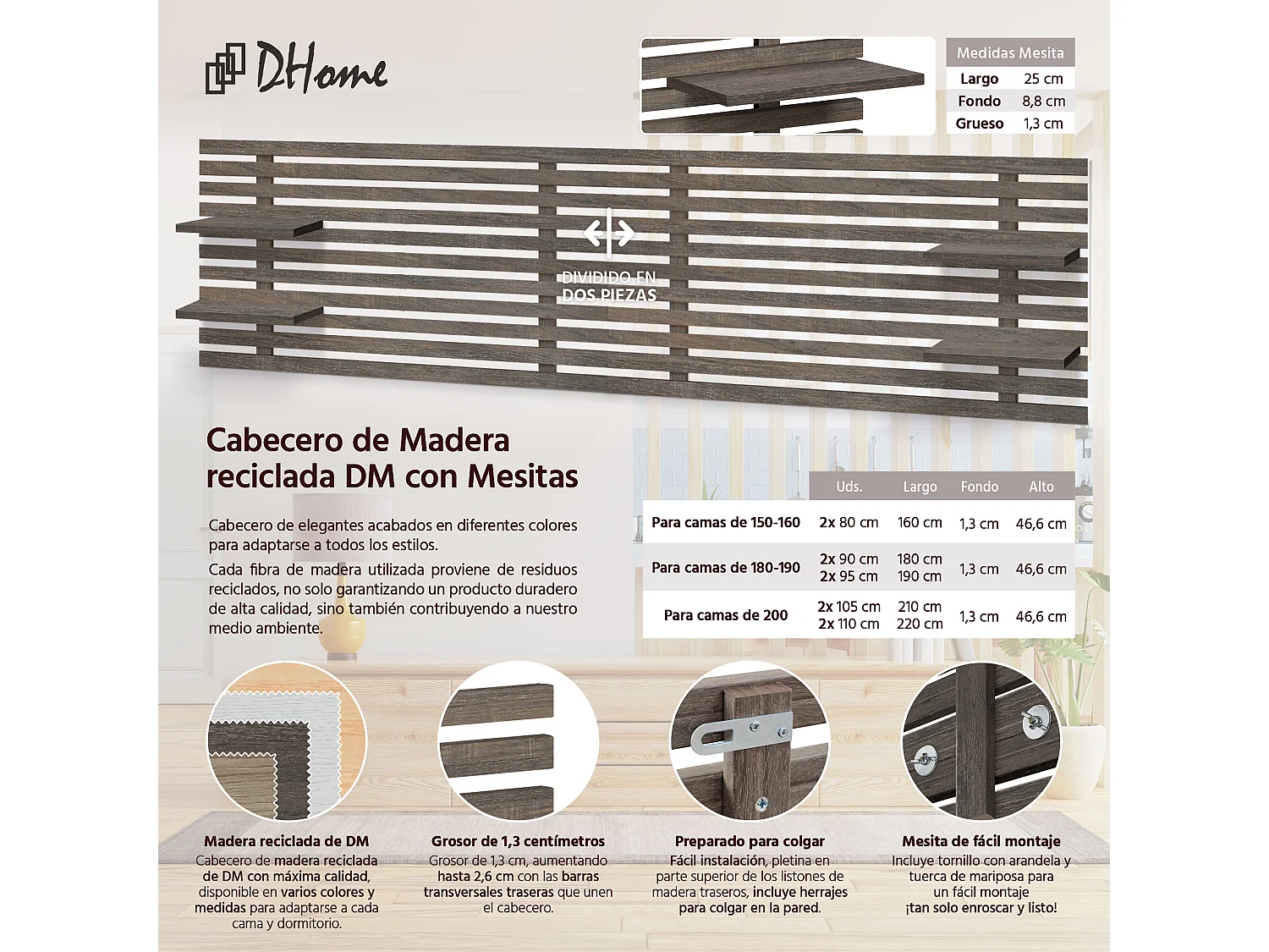 DHOME Tête de lit avec étagères en bois recyclé DM Tenture murale Style palette japonaise Lit nordique vintage (chêne d'Amazone 270 cm)