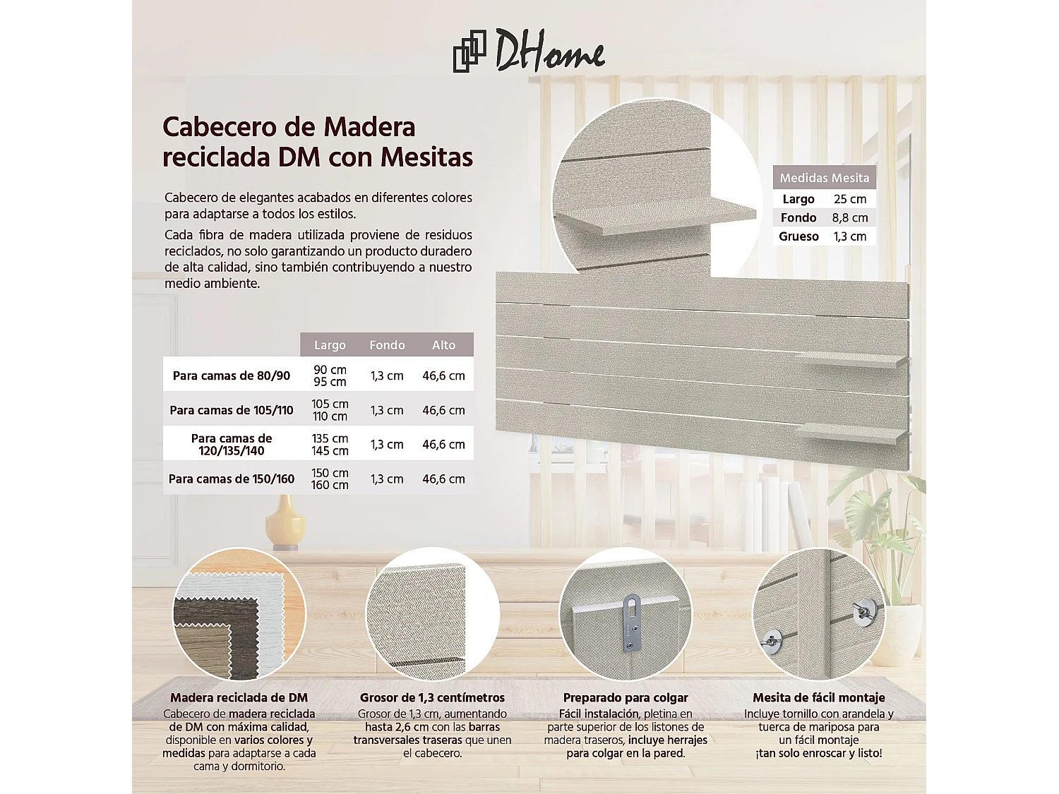 DHOME Tête de lit avec étagères en bois recyclé DM à suspendre au mur style palette japonaise avec pieds de lit nordique vintage (pointes beiges 145 cm)