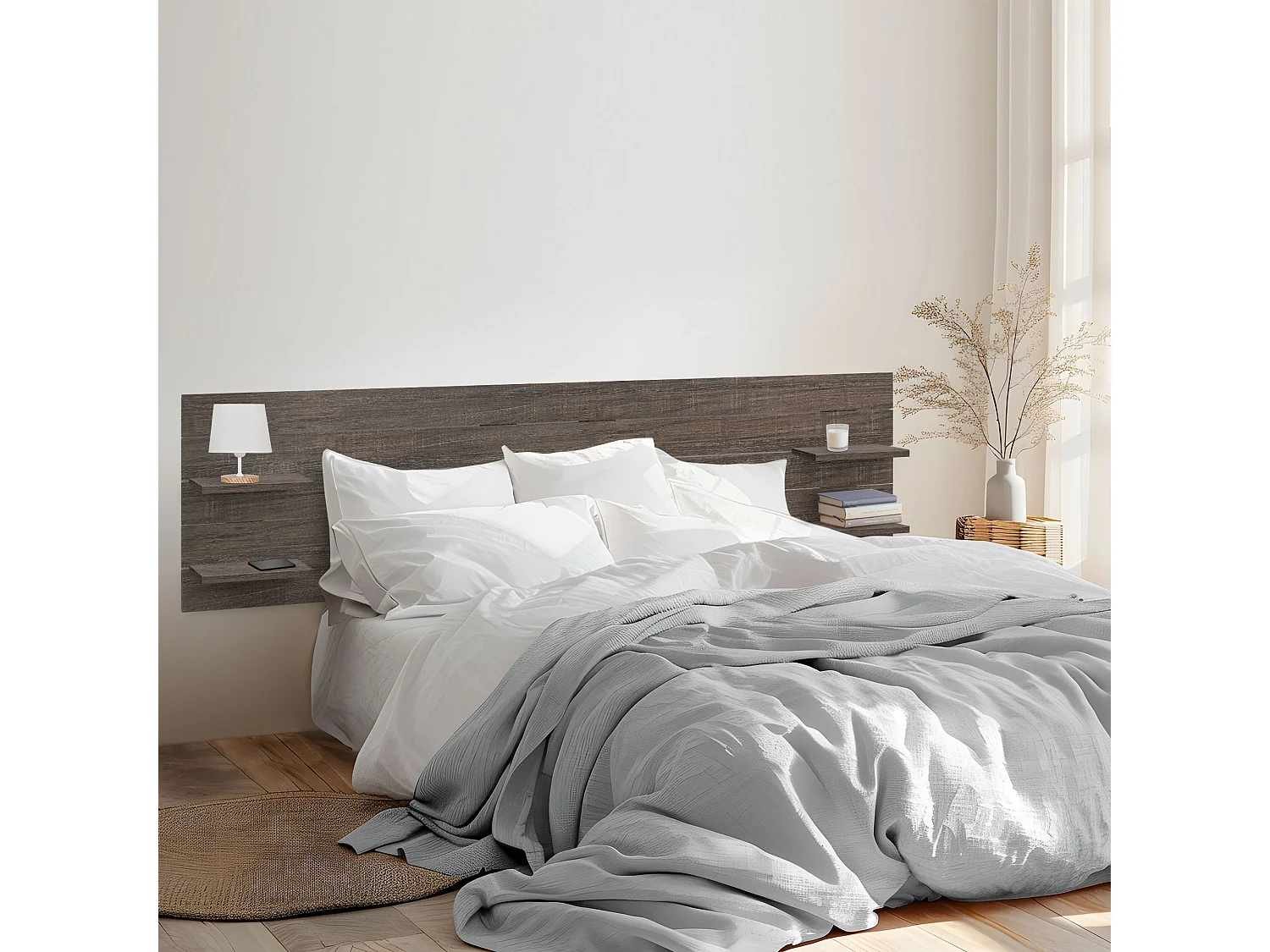 DHOME Testiera con ripiani in legno riciclato DM sospeso a parete in stile pallet giapponese con gambe del letto vintage nordiche (290 cm Amazon Oak)