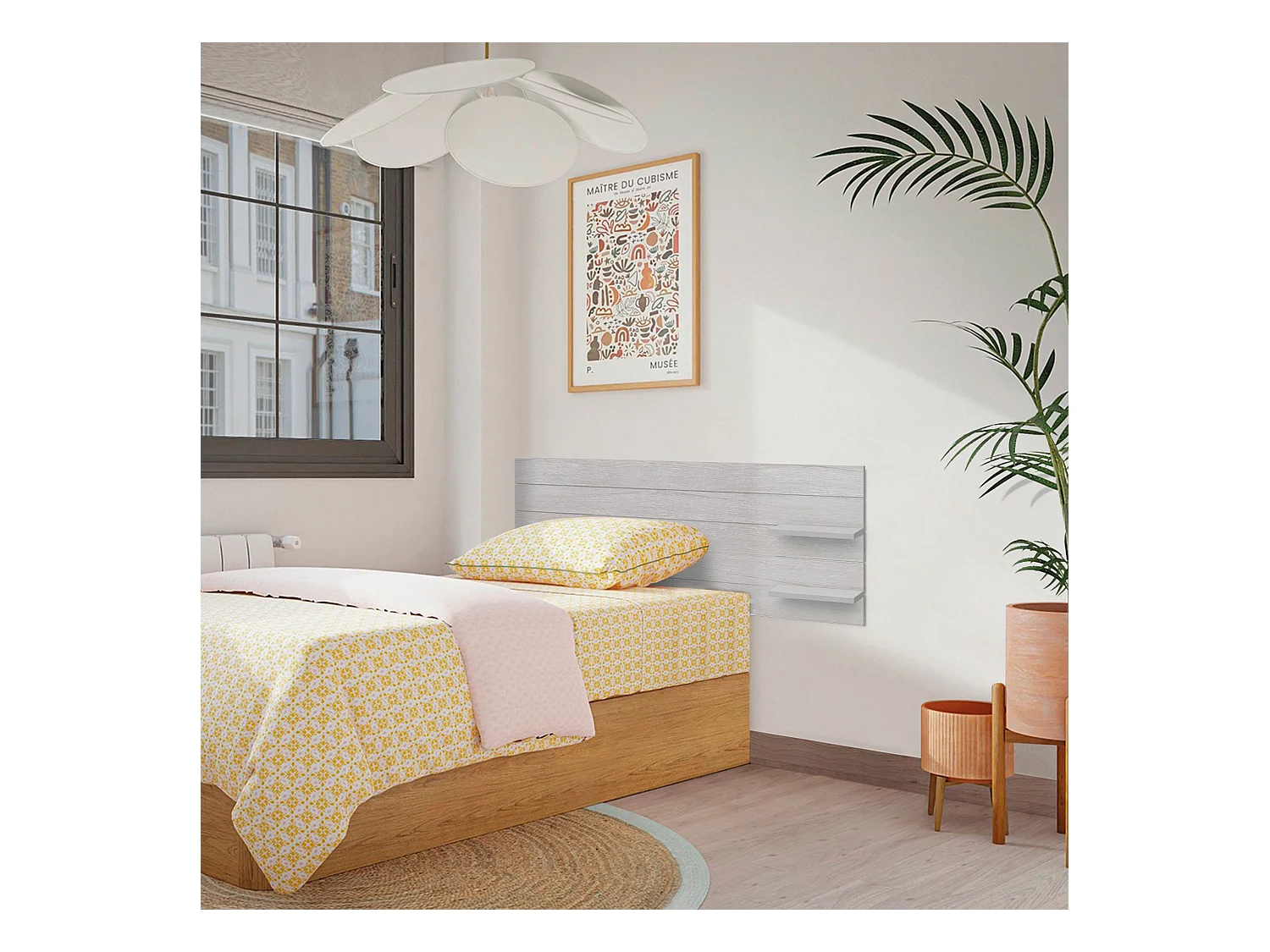 Cabeceira DHOME com prateleiras de madeira reciclada DM suspensa na parede estilo japonês de paletes com pernas de cama vintage nórdica (160 cm Ártico)