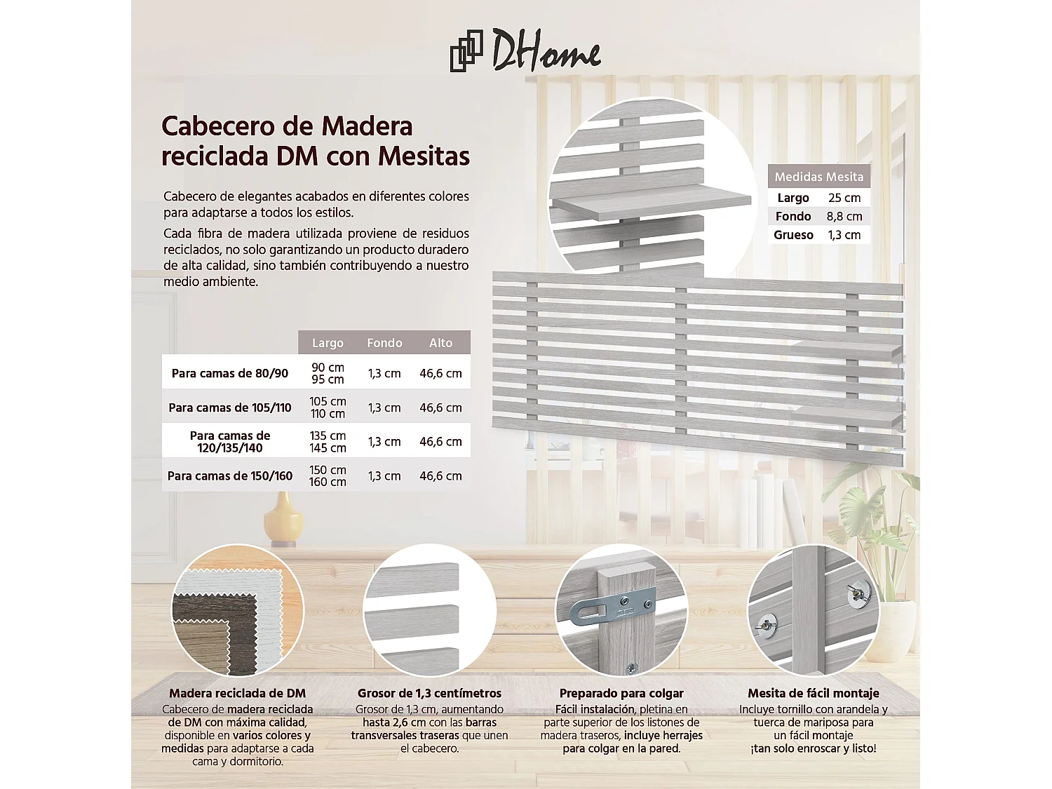 DHOME Tête de lit avec étagères en bois recyclé DM Tenture murale Style palette japonaise Lit vintage nordique (145 cm Arctique)