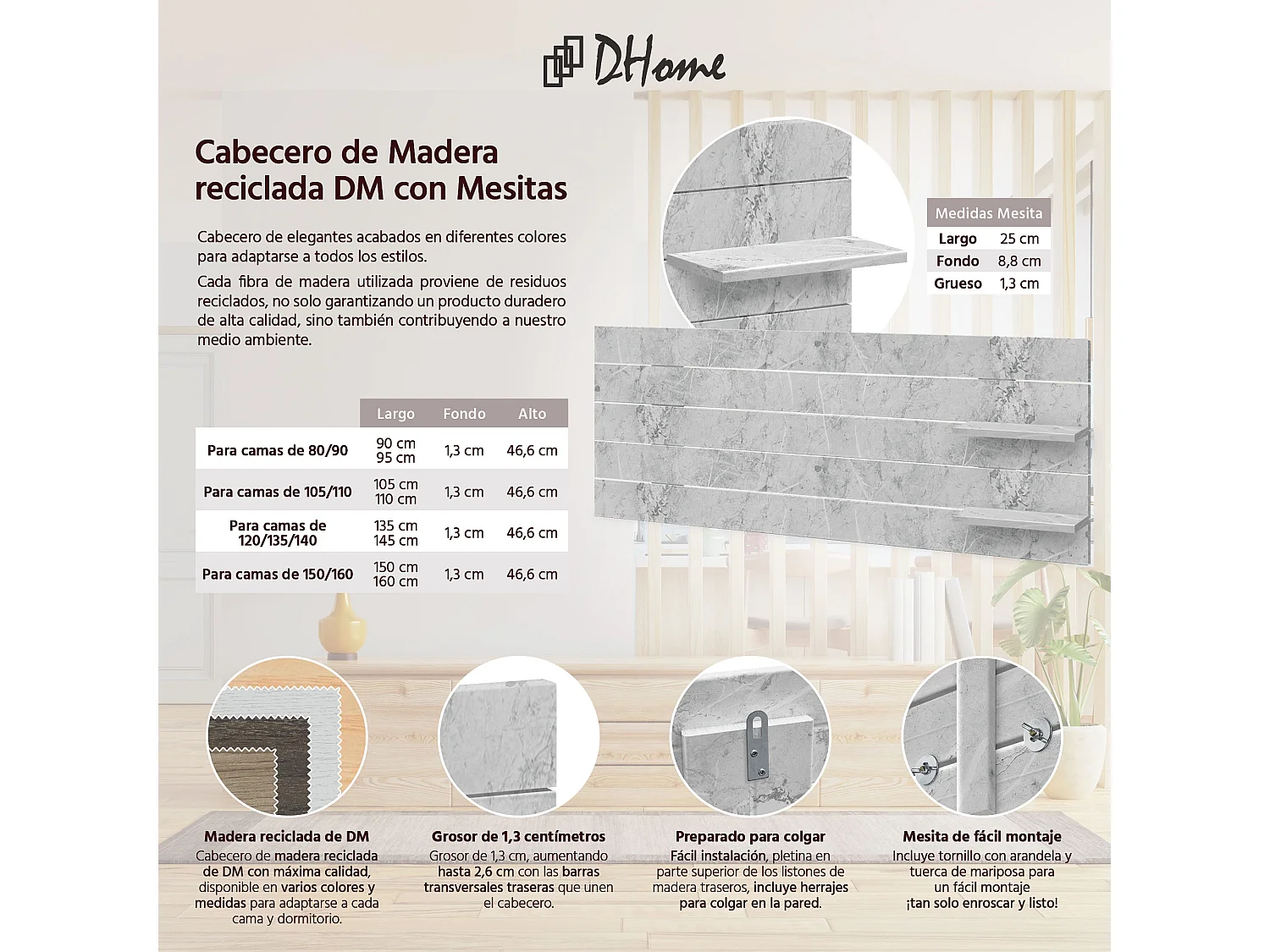 DHOME Kopfteil mit Regalen aus recyceltem Holz, DM-Wandbehang Wandbehang im Palettenstil, mit nordischen Vintage-Bettbeinen (135 cm, Marmor-Finish)