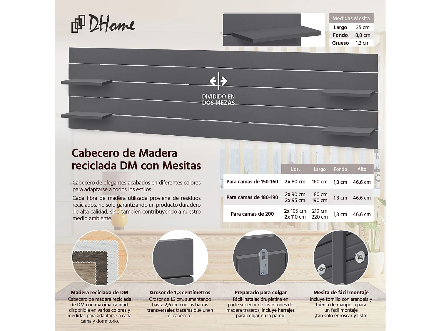 Cabeceira DHOME com prateleiras de madeira reciclada DM Pendurado na parede Estilo japonês de paletes com pernas de cama vintage nórdicas (210 cm cinza sólido)