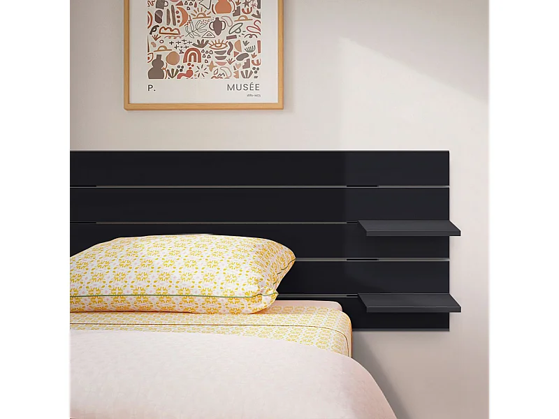 DHOME Tête de lit avec étagères en bois recyclé DM à suspendre au mur style palette horizontale avec pieds lit vintage nordique (135 cm noir massif)