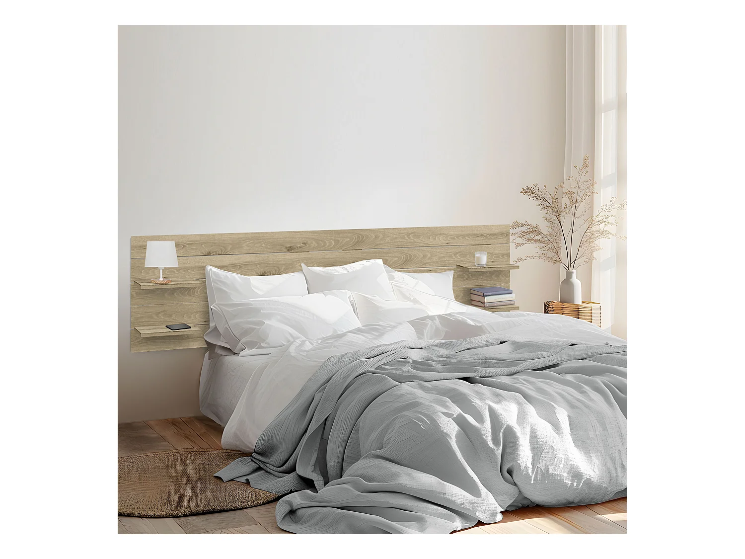 DHOME Tête de lit avec étagères en bois recyclé DM à suspendre au mur style palette japonaise avec pieds de lit nordique vintage (bois cambrien 220 cm)