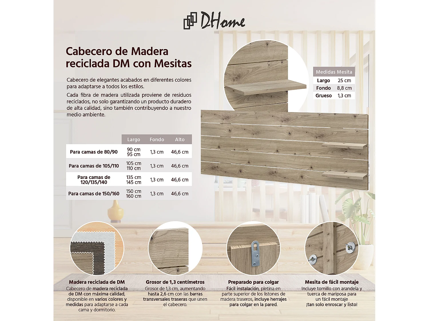 Cabeceira DHOME com prateleiras de madeira reciclada DM pendurada na parede estilo japonês de paletes com pernas de cama vintage nórdicas (carvalho de 160 cm)