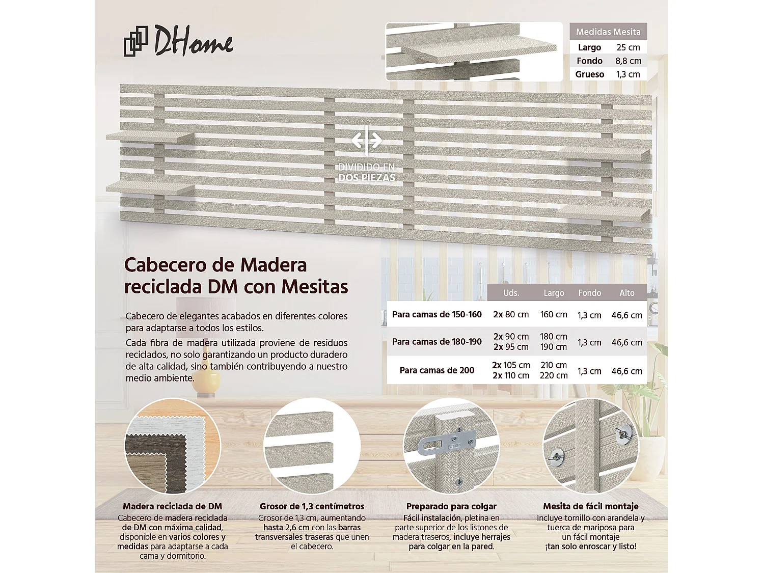 DHOME Tête de lit avec étagères en bois recyclé DM Tenture murale Style palette japonaise Lit nordique vintage (pointes beiges 210 cm)