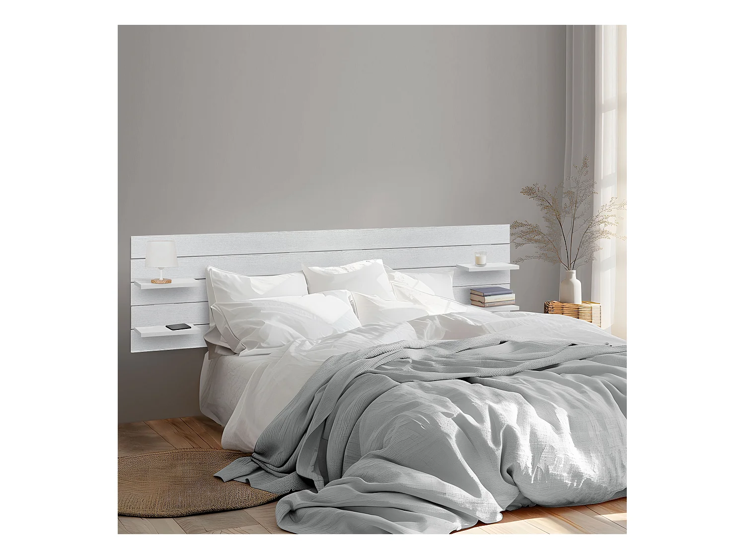DHOME Tête de lit avec étagères en bois recyclé DM à suspendre au mur style palette japonaise avec pieds de lit nordique vintage (bois blanc 270 cm)