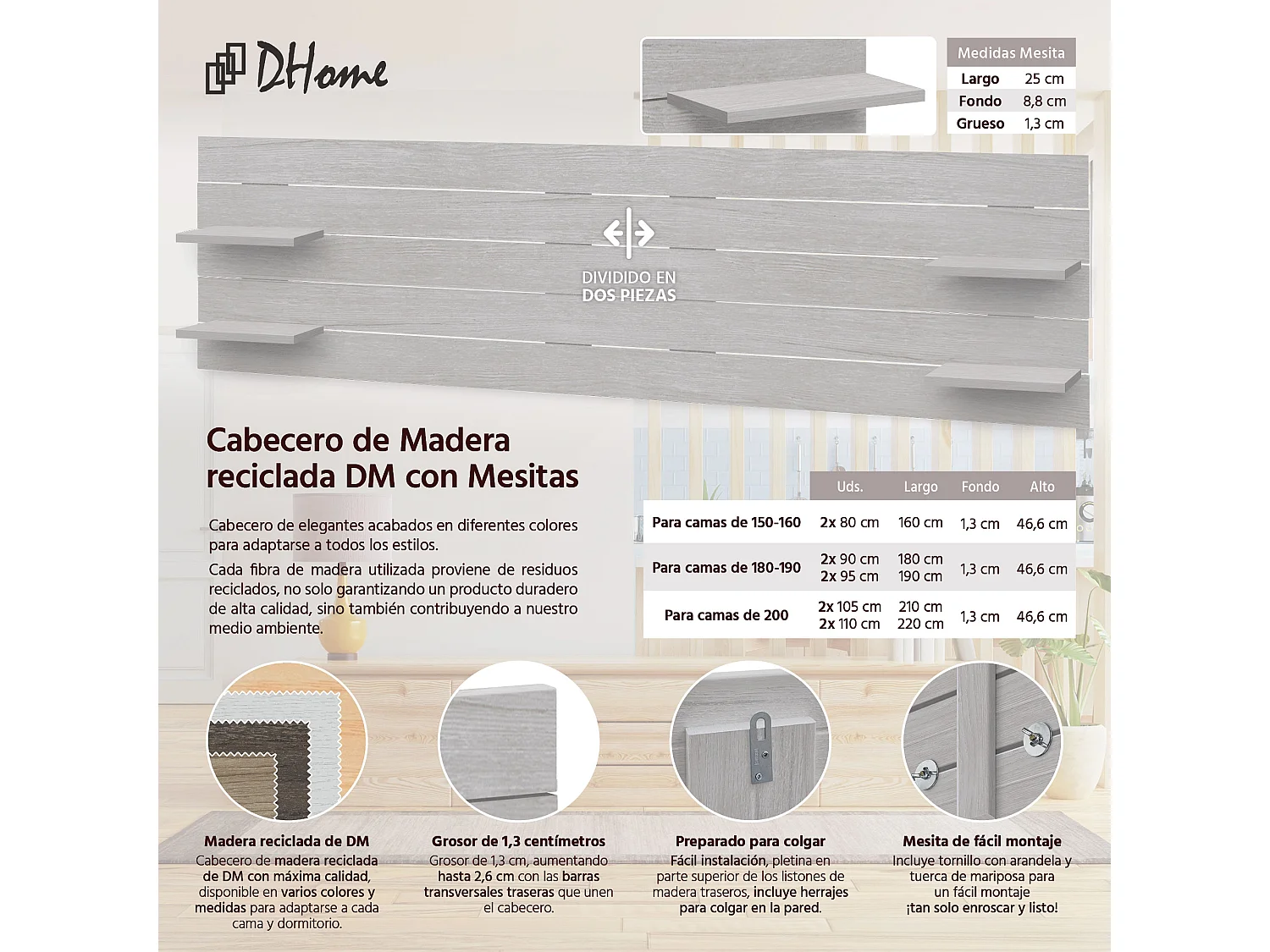 DHOME Tête de lit avec étagères en bois recyclé DM à suspendre au mur style palette japonaise avec pieds de lit nordique vintage (220 cm Arctique)