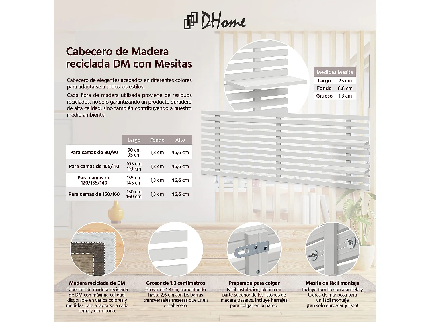 DHOME Tête de lit avec étagères en bois recyclé DM Tenture murale Style palette japonaise Lit nordique vintage (145 cm Blanc massif)