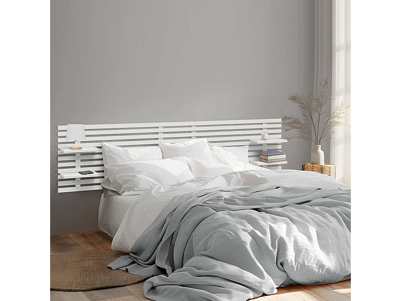 DHOME Kopfteil mit Regalen aus recyceltem Holz, DM-Wandbehang, japanischer Paletten-Stil, nordisches Vintage-Bett (210 cm massiv weiß)