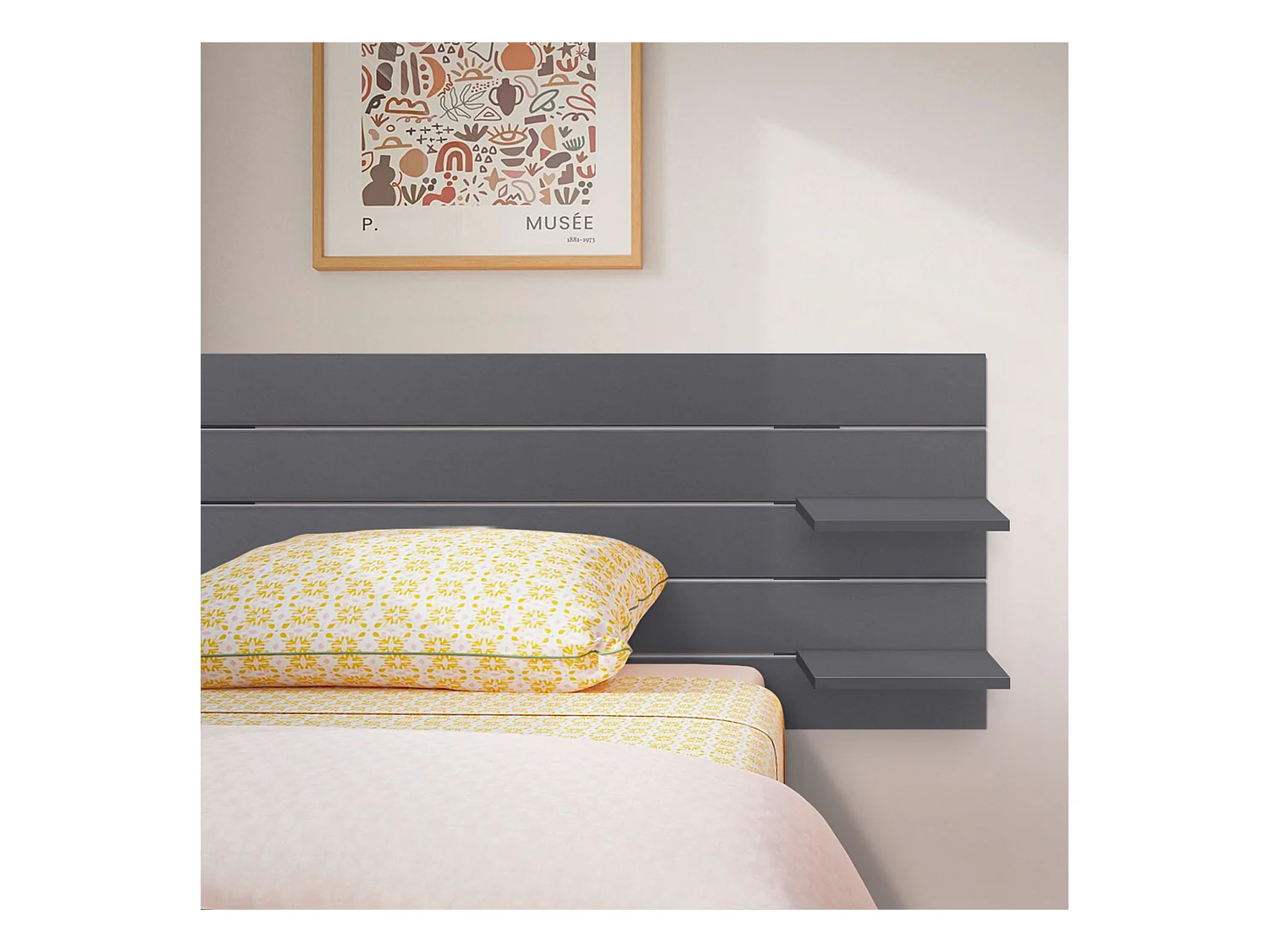 DHOME Tête de lit avec étagères en bois recyclé DM à suspendre au mur style palette horizontale avec pieds lit vintage nordique (gris massif 135 cm)