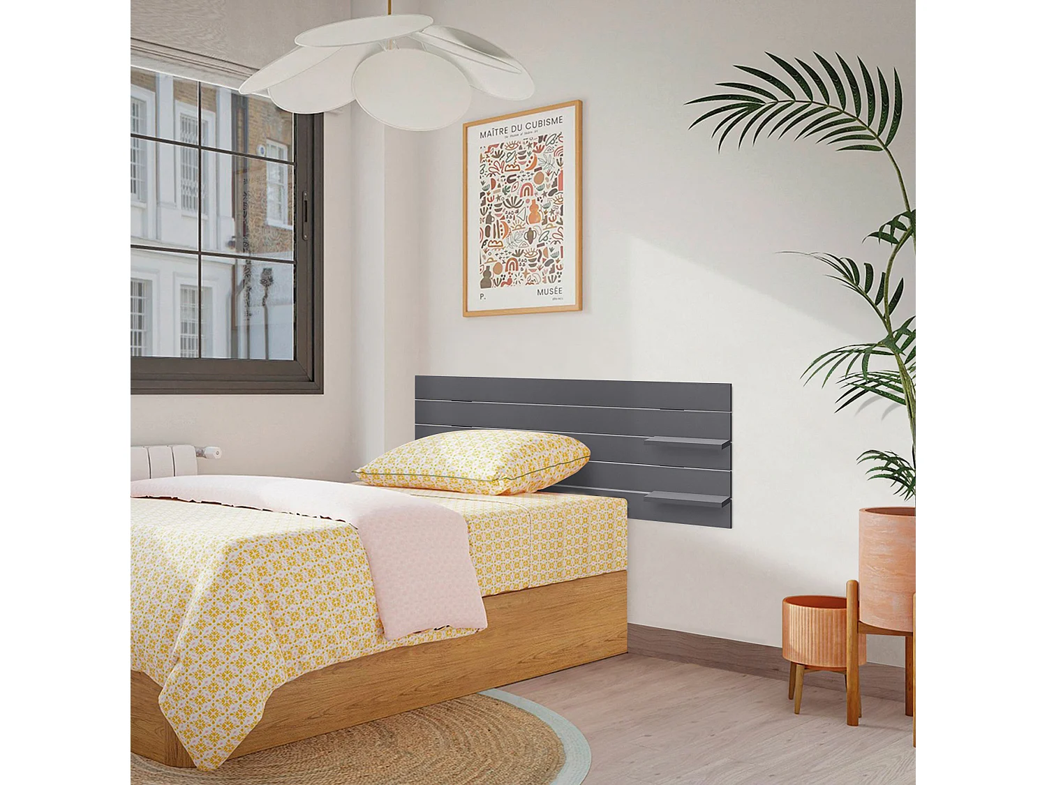 DHOME Tête de lit avec étagères en bois recyclé DM à suspendre au mur style palette horizontale avec pieds lit vintage nordique (gris massif 135 cm)