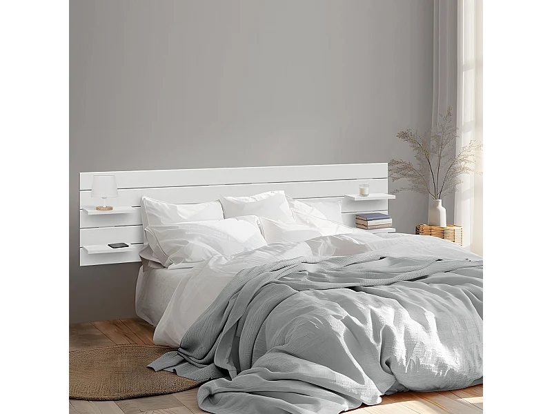 DHOME Hoofdbord met planken van gerecycled hout DM muurhangend horizontaal palletstijl met poten Scandinavisch vintage bed (290 cm effen wit)